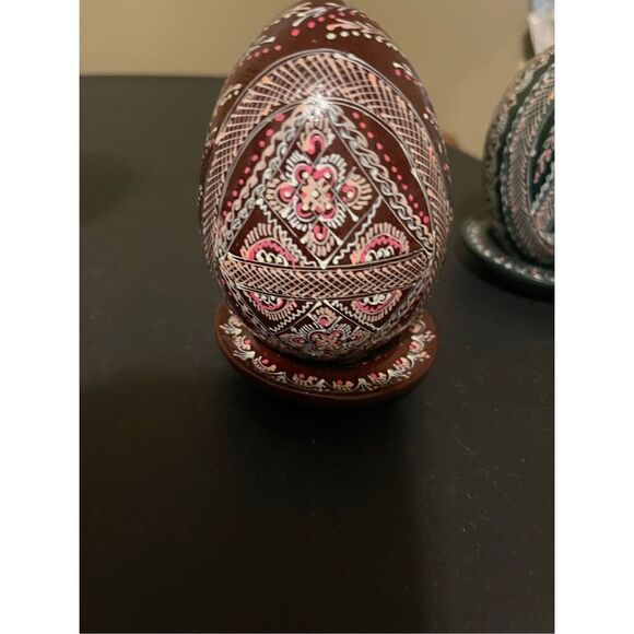 Set Of 4 Wooden Pysanky Collector Egg Colorful Geometric Design With Each Stand - Picture 14 of 15